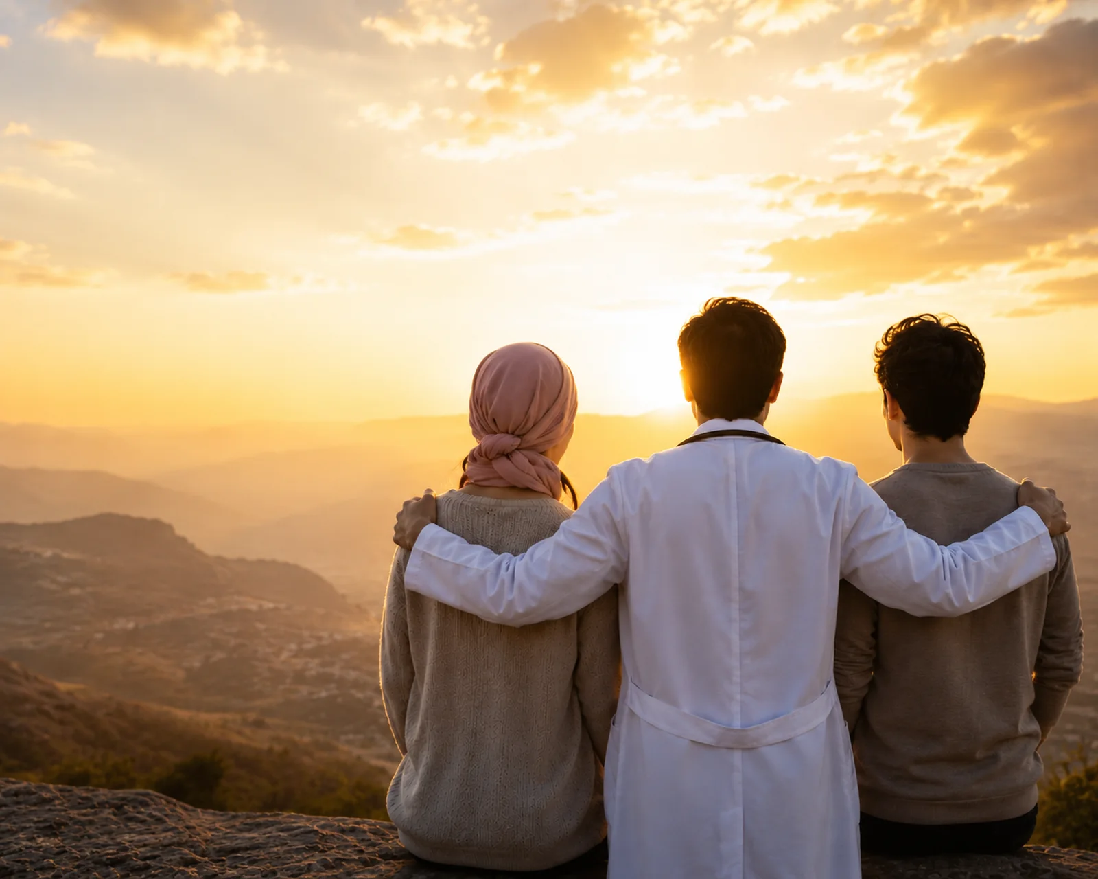 A doctor with an arm around a woman and a man, all looking out at a sunrise over the mountains